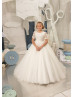 Short Sleeves Ivory Glitter Lace Tulle Flower Girl Dress